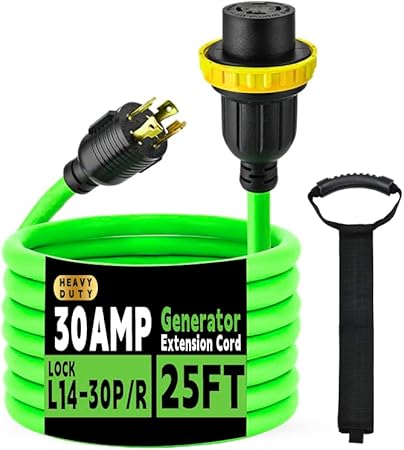 30 Amp Generator Extension Cord 25 Feet 4-Prong 7500W Locking Power Cord 30 Amp Generator Extension Cord 25 Feet 4-Prong 7500W Locking Power Cord
