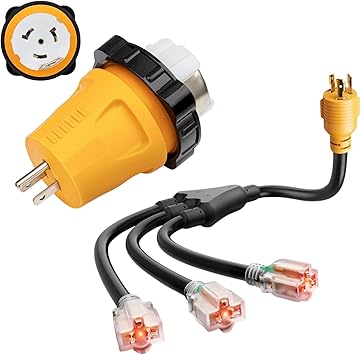 MECMO Shore Power NEMA L5-30P to 3X 5-15R RV Generator Adapter MECMO Shore Power NEMA L5-30P to 3X 5-15R RV Generator Adapter