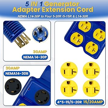 NEMA L14-30P to 4-Port 5-15R 5-20R Generator Adapter Cord 30 Amp - Tuga ...